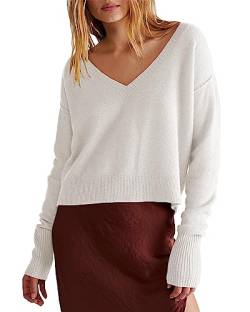 Ebifin Damen Strickpullover mit V-Ausschnitt Langärmeliger Cropped Pullover Knitted Stretch Sweater Winter.Weiß.XXL von Ebifin