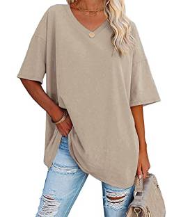Ebifin Damen-T-Shirt, Übergröße, halblange Ärmel, V-Ausschnitt, bequem, gemütlich, Baumwolle - Braun - Mittel von Ebifin