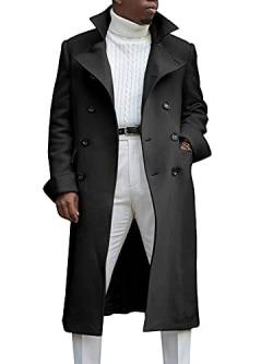 Ebifin Herren Trenchcoat mit Revers, zweireihig, lang, lässig, Baumwollmischung, Peacoat, schwarz, Large von Ebifin