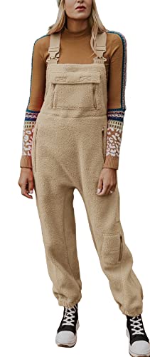 Ebifin Jumpsuits für Damen Lässiger Latzhose Arbeitshose Fleece Warme Overalls Winter Latzhosen mit Taschen.Khaki.L von Ebifin