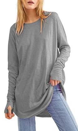 Ebifin Langarmshirt Damen Longshirt Rundhalsausschnitt Langarm Oberteil Shirts Basic Blusen Tunika Tee Tops.Grau.L von Ebifin