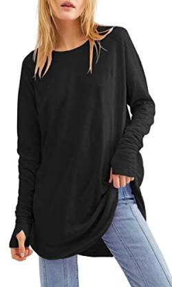 Ebifin Langarmshirt Damen Longshirt Rundhalsausschnitt Langarm Oberteil Shirts Basic Blusen Tunika Tee Tops.Schwarz.S von Ebifin