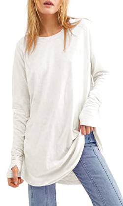 Ebifin Langarmshirt Damen Longshirt Rundhalsausschnitt Langarm Oberteil Shirts Basic Blusen Tunika Tee Tops.Weiß.L von Ebifin