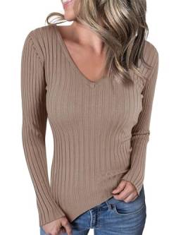 Ebifin Langarmshirt V-Ausschnitt Damen Pullover Casual Sweater Einfabrig Tops Warm Strickpullover Basic Oberteile.Khaki.L von Ebifin