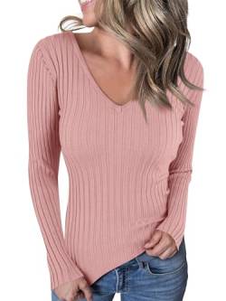 Ebifin Langarmshirt V-Ausschnitt Damen Pullover Casual Sweater Einfabrig Tops Warm Strickpullover Basic Oberteile.Rosa.M von Ebifin