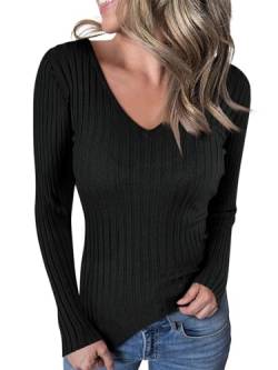 Ebifin Langarmshirt V-Ausschnitt Damen Pullover Casual Sweater Einfabrig Tops Warm Strickpullover Basic Oberteile.Schwarz.M von Ebifin