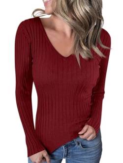 Ebifin Langarmshirt V-Ausschnitt Damen Pullover Casual Sweater Einfabrig Tops Warm Strickpullover Basic Oberteile.Weinrot.M von Ebifin
