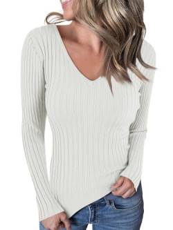 Ebifin Langarmshirt V-Ausschnitt Damen Pullover Casual Sweater Einfabrig Tops Warm Strickpullover Basic Oberteile.Weiß.L von Ebifin
