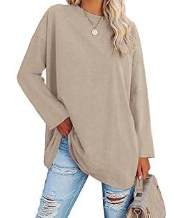 Ebifin Oversize Langarmshirt Damen Longshirt Rundhalsausschnitt Oberteil Langarm T Shirts Pullover Basic Tunika Tee Tops.Khaki.L von Ebifin