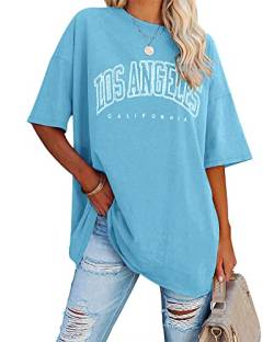Ebifin Oversize T Shirt Damen Vintage Kurzärmeliges Rundhals Los Angeles Oberteile Tops Casual Lockere Basic Sommer Tee Shirts Bluse.Azurblau.XL von Ebifin