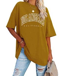 Ebifin Oversize T Shirt Damen Vintage Kurzärmeliges Rundhals Los Angeles Oberteile Tops Casual Lockere Basic Sommer Tee Shirts Bluse.Braun.XL von Ebifin