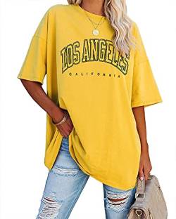 Ebifin Oversize T Shirt Damen Vintage Kurzärmeliges Rundhals Los Angeles Oberteile Tops Casual Lockere Basic Sommer Tee Shirts Bluse.Gelb.XL von Ebifin