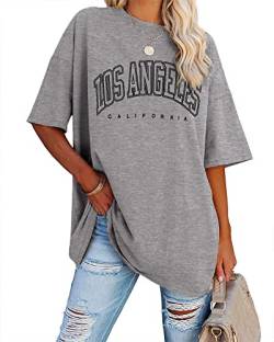 Ebifin Oversize T Shirt Damen Vintage Kurzärmeliges Rundhals Los Angeles Oberteile Tops Casual Lockere Basic Sommer Tee Shirts Bluse.Hellgrau.XL von Ebifin