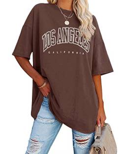 Ebifin Oversize T Shirt Damen Vintage Kurzärmeliges Rundhals Los Angeles Oberteile Tops Casual Lockere Basic Sommer Tee Shirts Bluse.Kaffeefarben.XXL von Ebifin