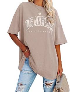 Ebifin Oversize T Shirt Damen Vintage Kurzärmeliges Rundhals Los Angeles Oberteile Tops Casual Lockere Basic Sommer Tee Shirts Bluse.Khaki.XXL von Ebifin