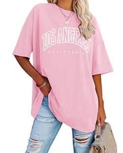 Ebifin Oversize T Shirt Damen Vintage Kurzärmeliges Rundhals Los Angeles Oberteile Tops Casual Lockere Basic Sommer Tee Shirts Bluse.Rosa.XL von Ebifin