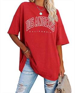 Ebifin Oversize T Shirt Damen Vintage Kurzärmeliges Rundhals Los Angeles Oberteile Tops Casual Lockere Basic Sommer Tee Shirts Bluse.Rot.XL von Ebifin