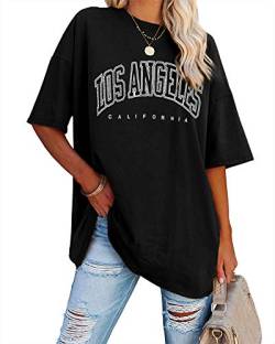 Ebifin Oversize T Shirt Damen Vintage Kurzärmeliges Rundhals Los Angeles Oberteile Tops Casual Lockere Basic Sommer Tee Shirts Bluse.Schwarz.XXL von Ebifin