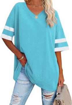 Ebifin Oversize T Shirt mit V-Ausschnitt Damen Kurzärmeliges Casual Lockere Basic Sommer Tee Shirts Bluse.Azurblau.M von Ebifin