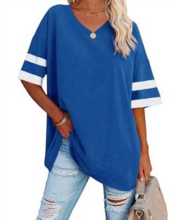 Ebifin Oversize T Shirt mit V-Ausschnitt Damen Kurzärmeliges Casual Lockere Basic Sommer Tee Shirts Bluse.Blau.L von Ebifin