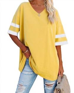 Ebifin Oversize T Shirt mit V-Ausschnitt Damen Kurzärmeliges Casual Lockere Basic Sommer Tee Shirts Bluse.Gelb.M von Ebifin