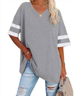Ebifin Oversize T Shirt mit V-Ausschnitt Damen Kurzärmeliges Casual Lockere Basic Sommer Tee Shirts Bluse.Hellgrau.S von Ebifin