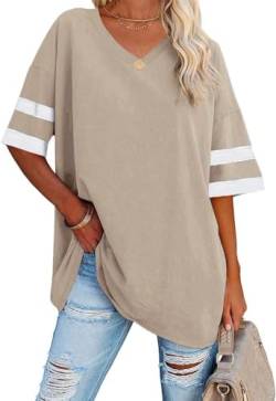 Ebifin Oversize T Shirt mit V-Ausschnitt Damen Kurzärmeliges Casual Lockere Basic Sommer Tee Shirts Bluse.Khaki.XL von Ebifin
