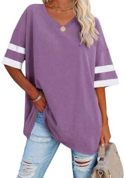 Ebifin Oversize T Shirt mit V-Ausschnitt Damen Kurzärmeliges Casual Lockere Basic Sommer Tee Shirts Bluse.Lila.XL von Ebifin