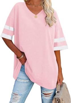 Ebifin Oversize T Shirt mit V-Ausschnitt Damen Kurzärmeliges Casual Lockere Basic Sommer Tee Shirts Bluse.Rosa.M von Ebifin