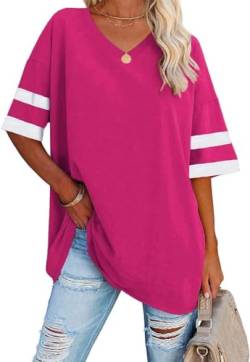 Ebifin Oversize T Shirt mit V-Ausschnitt Damen Kurzärmeliges Casual Lockere Basic Sommer Tee Shirts Bluse.Rosenrot.L von Ebifin