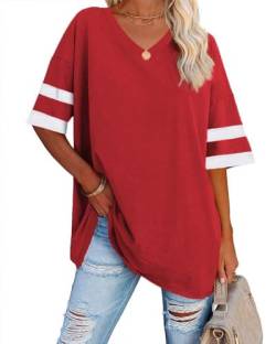 Ebifin Oversize T Shirt mit V-Ausschnitt Damen Kurzärmeliges Casual Lockere Basic Sommer Tee Shirts Bluse.Rot.S von Ebifin