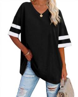 Ebifin Oversize T Shirt mit V-Ausschnitt Damen Kurzärmeliges Casual Lockere Basic Sommer Tee Shirts Bluse.Schwarz.M von Ebifin