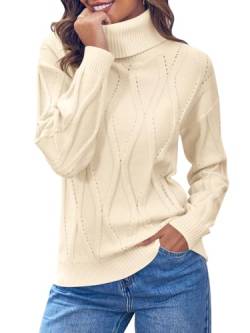 Ebifin Pullover Damen Herbst Rollkragenpullover Cable Knit Langärmeliger Klassischer Elegant Grobstrick Sweater Jumper.Weiß.M von Ebifin