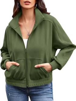 Ebifin Zip Sweatshirt Damen Ohne Kapuze Sweatjacke übergangsjacke Herbst Jacken Sommerjacke mit Tasche.Armee-Grün.S von Ebifin