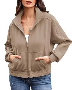 Ebifin Zip Sweatshirt Damen Ohne Kapuze Sweatjacke übergangsjacke Herbst Jacken Sommerjacke mit Tasche.Khaki.M von Ebifin