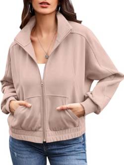 Ebifin Zip Sweatshirt Damen Ohne Kapuze Sweatjacke übergangsjacke Herbst Jacken Sommerjacke mit Tasche.Rosa.L von Ebifin