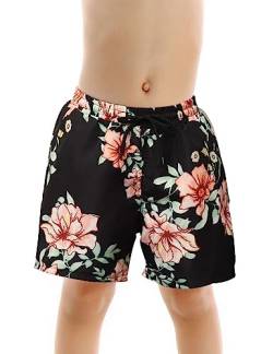 Echinodon Jungen Badeshorts mit Innenslip Kinder Badehose Sweatshorts Urlaub Strand Shorts Schwarz(Blumen) 140 von Echinodon