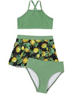 Echinodon Mädchen Bikini Set 3tlg Bademode mit Rock Kinder Baby Hawaiian Badeanzug Strand Schwimmanzug Grün 140 von Echinodon