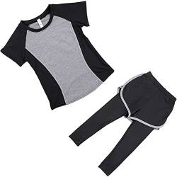 Echinodon Mädchen Sport Set 2tlg Schnelltrockend Kurzarmshirt + Hose mit Shorts Trainingsanzug Jogginganzug Freizeit Yoga Typ2-Grau 140 von Echinodon