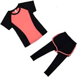 Echinodon Mädchen Sport Set 2tlg Schnelltrockend Kurzarmshirt + Hose mit Shorts Trainingsanzug Jogginganzug Freizeit Yoga Typ2-Orange 158 von Echinodon