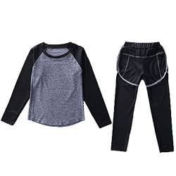 Echinodon Mädchen Sport-Set 2tlg Schnelltrockend Langarmhirt + Hose mit Shorts Anzug für Jogging Training Yoga Grau 120 von Echinodon