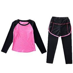 Echinodon Mädchen Sport-Set 2tlg Schnelltrockend Langarmhirt + Hose mit Shorts Anzug für Jogging Training Yoga Rosa 130 von Echinodon