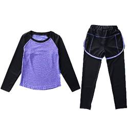 Echinodon Mädchen Sport-Set 2tlg Schnelltrockend Langarmhirt + Hose mit Shorts Anzug für Jogging Training Yoga Violett 130 von Echinodon