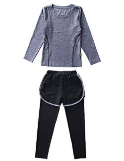 Echinodon Mädchen Sport-Set 2tlg Schnelltrockend Langarmhirt + Hose mit Shorts Trainingsanzug für Jogging Training Yoga Grau 140 von Echinodon