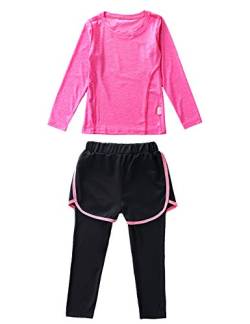 Echinodon Mädchen Sport-Set 2tlg Schnelltrockend Langarmhirt + Hose mit Shorts Trainingsanzug für Jogging Training Yoga Rosa 110 von Echinodon