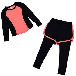 Echinodon Mädchen Sport Set 2tlg Schnelltrockend Langarmshirt + Hose mit Shorts Trainingsanzug Jogginganzug Freizeit Yoga Orange 128 von Echinodon