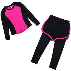 Echinodon Mädchen Sport Set 2tlg Schnelltrockend Langarmshirt + Hose mit Shorts Trainingsanzug Jogginganzug Freizeit Yoga Rosa 128 von Echinodon