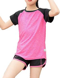 Echinodon Mädchen Sport Set Shirt + Shorts Schnelltrockend Anzug für Yoga Jogging Training Rosa 170 von Echinodon