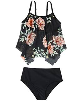 Echinodon Mädchen Tankini Set Zweiteiler Bademode mit Blumenmuster Hawaiian Bikini Strand A-Schwarz 104 von Echinodon