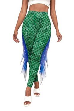 Eciodci Meerjungfrau Print Leggings für Damen Fisch Skala Hohe Taille Yoga Hosen Halloween Kostüm Strumpfhosen(Grün&Blau) von Eciodci